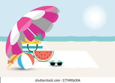 Summer time , sea with beach elements banner design for text. Vector illustration. 