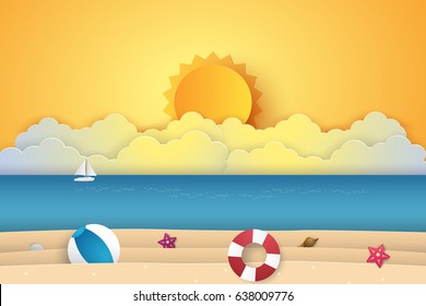 Summer Time , Sea With Beach  , Paper Art Style