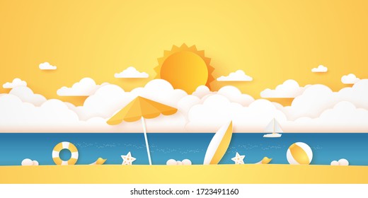 Summer Time, Sea And Beach With Stuff, Cloudscape And Sun With Bright Sky, Paper Art Style