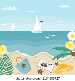 Summer time. Sea ​​coast. Boat with sails, hat, beach bag, book, sunglasses, palm. Vector illustration 