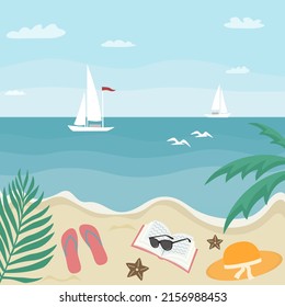 Summer time. Sea ​​coast. Boat with sails, hat, flip flops, book, sunglasses, plants. Vector illustration 