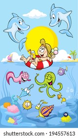 Summer time at sea with dolphin