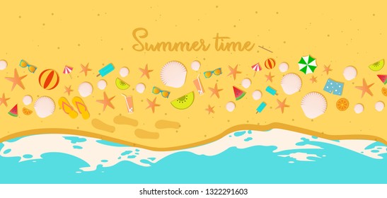 Summer time and sea elements,beach accessories on sand,summer holiday banner,vector illustration.