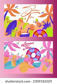 Summer time and sea elements,beach accessories on sand,summer holiday banner,vector illustration.
