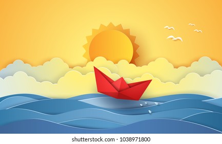 Summer Time , Sea With Origami Boat And Sun , Paper Art Style