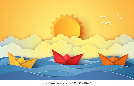 Summer Time , Sea With Origami Boat And Sun , Paper Art Style