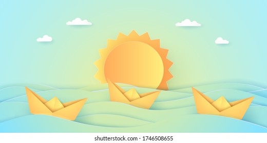 Summer time, sea with origami boat and sun, paper art style