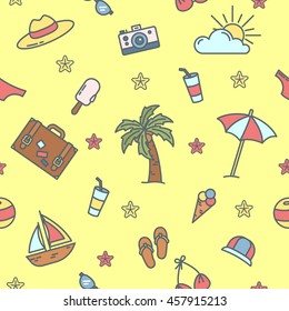 Summer Time. Sea Vacation Seamless Pattern with Palm Tree and Swimsuit. Vector background