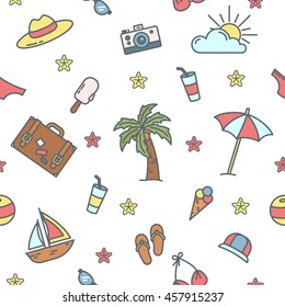 Summer Time. Sea Vacation Seamless Pattern with Palm Tree and Swimsuit. Vector background