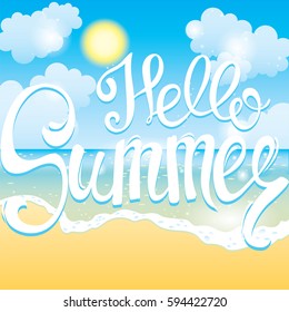 Summer time sea view background. Ocean and palm trees seaside blue design. Beautiful beach with palm trees and sun. Vector illustration for a card or poster. Lettering. Hello summer.