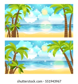 Summer time sea view with palm trees vector banners set