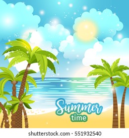 Summer time sea view vector background with palm trees.