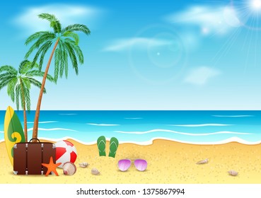 Summer time, sea,beach and coconut tree with beauty blue sky background. vector illustration