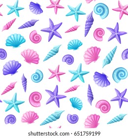 Summer time seamless pattern. Cartoon sea shells and stars tiled print. Marine illustration of ocean shellfish. Colorful seashells isolated on white background.