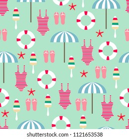 Summer time seamless pattern. Colorful flat vector illustration. Colored background. Swimwear, sun umbrella, flip flops, ice-cream and life buoy.