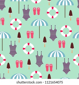 Summer time seamless pattern. Colorful flat vector illustration. Colored background. Swimwear, sun umbrella, flip flops, ice-cream and life buoy.