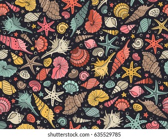 Summer time seamless pattern. Hand drawn sea shells and stars tiled wallpaper.. Marine illustration of ocean shellfish. Colorful seashells on dark background.
