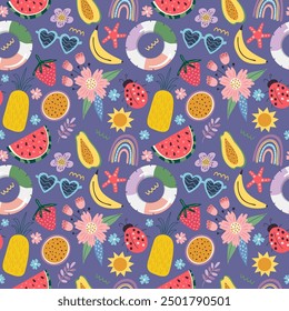 Summer time. Seamless pattern on dark background, vector illustration