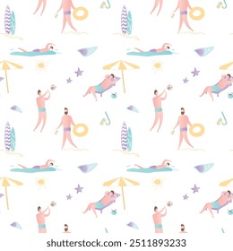 Patrón sin fisuras de verano, textura con chicos en la playa, personajes masculinos activos. Plantilla de Fondo de pantalla. Ilustración vectorial de estilo de moda