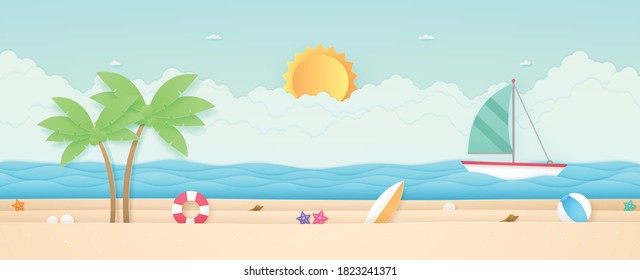 Summer Time, seascape, landscape, sailboat with sea, beach and stuff, cloud, sun, paper art style