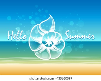 Summer time seascape with seashell sign and lettering Hello Summer. Free font used.