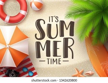 It's summer time seascape vector banner design. Summer seascape background with colorful beach elements like beach ball, umbrella and palm tree in the sand. Vector illustration.

