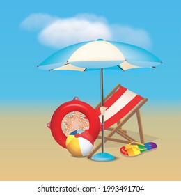 Es ist Sommerzeit Jahreszeit Vektorbanner Design. Sommersaison Hintergrund mit bunten Strandelementen wie Beach Ball, Regenschirm und Sand. Vektorgrafik.