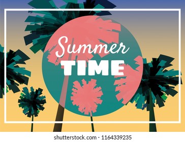 Summer time at seashore, sea landscape with palms, minimalistic illustration. Seascape sunrise or sunset. Vector background, isolated