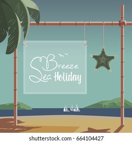 Summer time seaside landscape. Blue sea scenic view poster. Hand drawn cartoon retro style. Custom fancy letters. Season vacation leisure banner. Outdoors vector Illustration of recreation on seashore