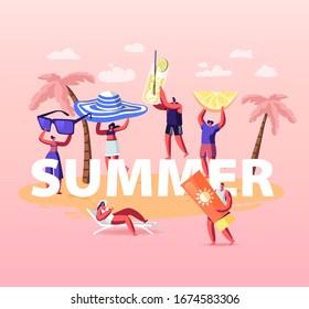 Summer Time Season Concept. People Enjoying Summertime Vacation, Relaxing on beach. Male and Female Characters Tanning on Seaside of Exotic Resort Poster Banner Flyer. Cartoon Vector Illustration