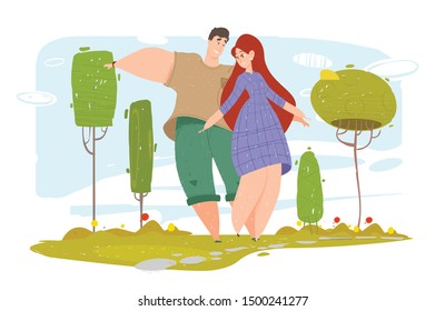 Summer Time Season Leisure, Happy Couple Walking in Beautiful Park or Forest, Man Looking with Love on Woman. Characters Spend Time Together, Happy Family Relations Cartoon Flat Vector Illustration