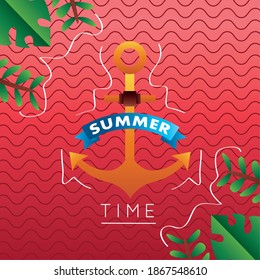 summer time season lettering with anchor and ribbon vector illustration design