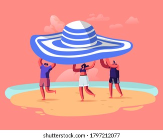 Summer Time Season, Vacation Concept. Tiny People Carry Huge Tropical Hat Enjoying Summertime Holidays, Relaxing on Beach. Characters Playing on Seaside of Exotic Resort. Cartoon Vector Illustration