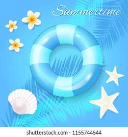 Summer time seasonal poster vector. Inflatable saving ring lifebuoy with stripes, tropical flowers and conch. Seashell with starfish and palm leaves