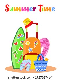 Sommerzeit. Sommerset mit Zubehör. Modernes Vektorgrafik-Flachbild-Design einzeln auf weißem Hintergrund. Tropische Sommerelemente. Sommerzeitaufschrift.