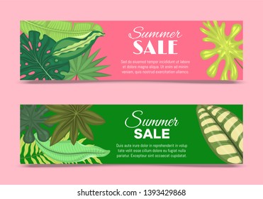 Summer time set of banners, flyers vector illustration. Tropical leaves. amazing palms. Jungle leaves, split leaf, philodendron plant. Advertisement of summer sales for shop.