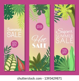 Summer time set of banners, flyers vector illustration. Tropical leaves. Amazing palms. Jungle leaves, split leaf, philodendron plant. Advertisement of summer sales for shop.