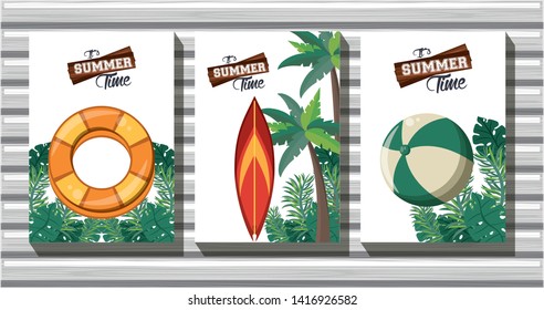 Summer time set of cards with beach cartoons collection vector illustration graphic design
