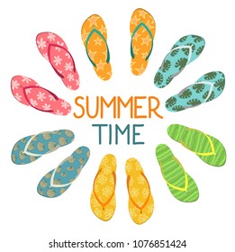 Summer time. Set of colorful flip flops on white background. Summer vector illustration.