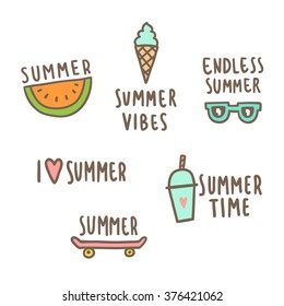 Summer time set of cute icons. Vector hand drawn illustration