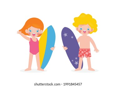 summer time and set of cute surfer Caucasian children character with surfboard on beach. Happy young surfer on the crest wave, flat vector illustration isolated on white background