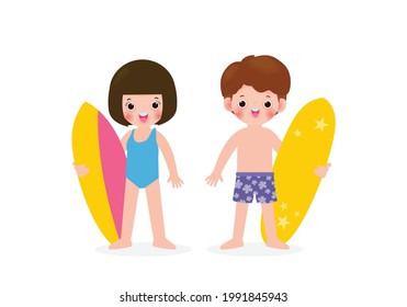 summer time and set of cute surfer asian children character with surfboard on beach. Happy young surfer on the crest wave, flat vector illustration isolated on white background