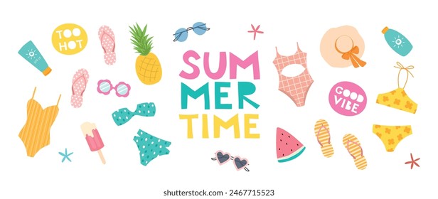 Summer time. Set of cute vector illustrations: watermelon, swimsuit, sunglasses, starfish, pineapple, flip flops, ice cream and etc. isolated on a white background for poster, card, banner, invitation