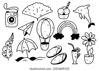 Summer time set. Hand drawn doodle style. Vector illustration isolated on white. Coloring page.