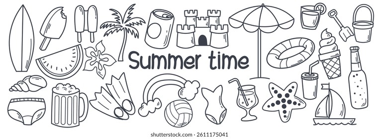 Summer time set hand drawn, doodle vector,  tropical ocean collection paradise vacation beach