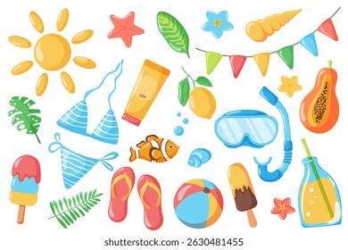 Summer time set. Hello Summer Vector illustrations, summer vacation, beach elements, summer food, ice cream, fruits. Isolated on white background
