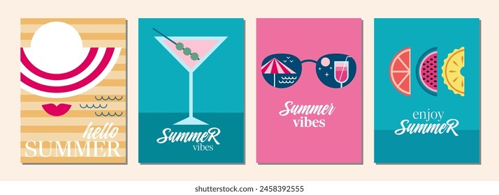 Conjunto de ilustraciones en diseño plano. Hola verano. Sentimiento de verano.  Tarjeta de verano o concepto de Anuncio en estilo geométrico. Ilustración vectorial.
