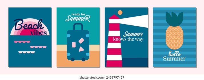 Summer time set of illustrations in flat design. Hello summer. Summer mood.  Summer card or banner concept in geometric style. Vector illustration.
