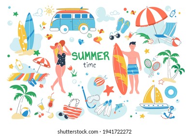 Summer time set isolated elements. Man surfing, woman sunbathing on beach. Sea vacation symbols bundle - surfboard, diving mask, sailboat, sunglasses, palms. Vector illustration in flat cartoon design