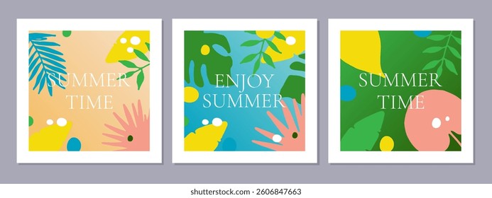 Summer time. Set of minimalistic cards with tropical leaves and text.